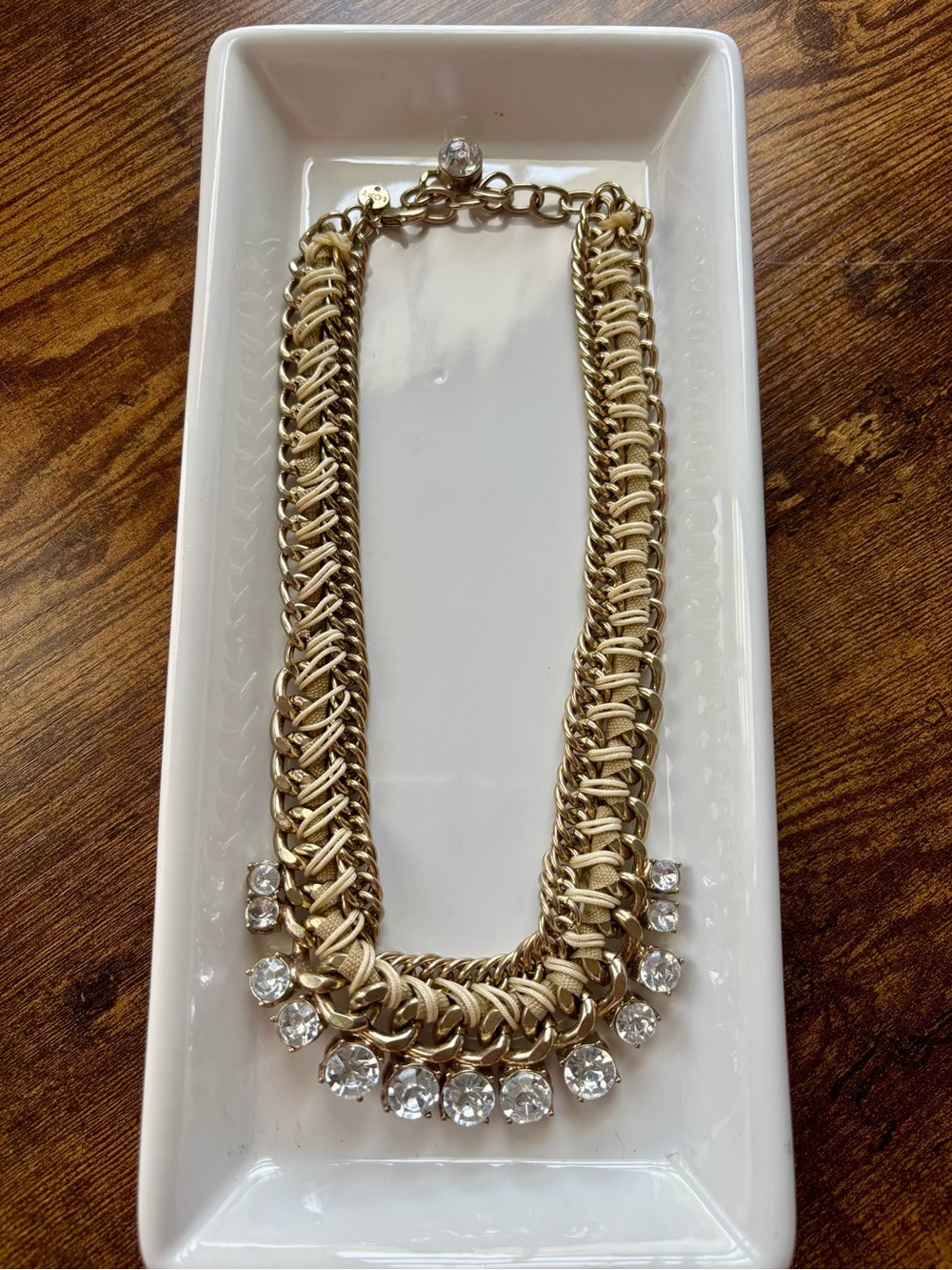 LOFT Chunky Gold Chain & Woven Cream Cord Rhinestone Statement Collar Necklace